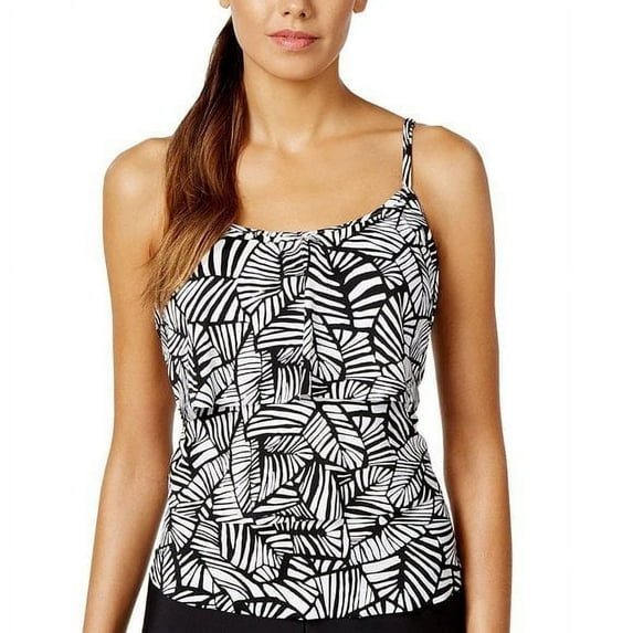 Swim Solutions Women's Leaf Print Tiered Tankini Top, Black/White, 8