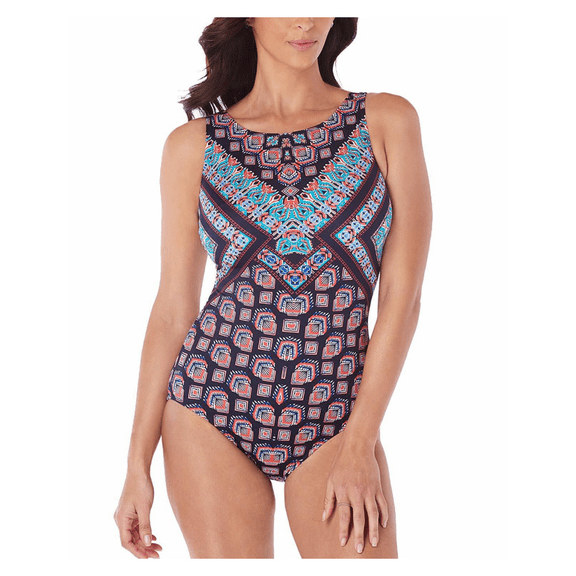 Swim Solutions Women's Pattern Play Printed High-Neck Tummy-Control One-Piece Swimsuit, Multi, 10