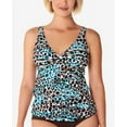 thumbnail image 1 of Swim Solutions Women's Printed V-Neck Ruffled Tankini Top, Black, 12, 1 of 2