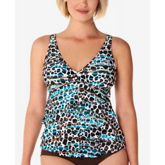 Swim Solutions Women's Printed V-Neck Ruffled Tankini Top, Black, 12