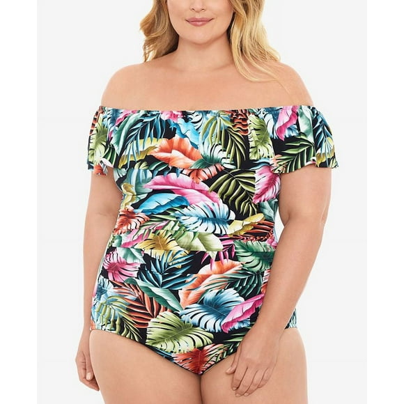 Women's Ruffled Off The Shoulder Tummy Control One Piece Swimsuit Black Size 20W