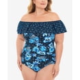 thumbnail image 1 of Swim Solutions Women's Ruffled Off The Shoulder Tummy Control One Piece Swimsuit Blue Size 20W, 1 of 3