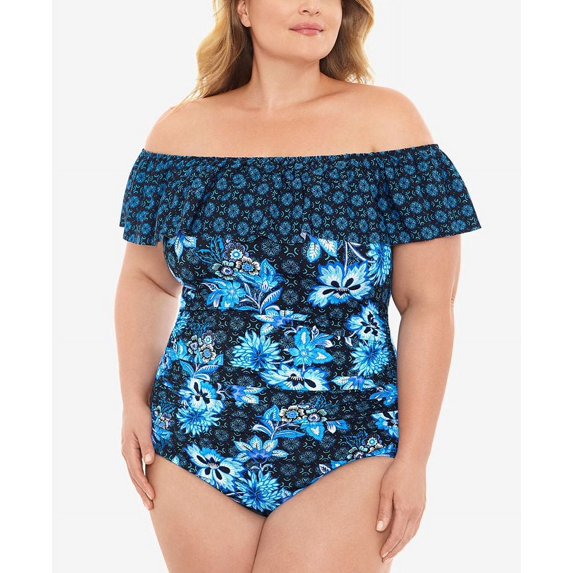 Swim Solutions Women's Ruffled Off The Shoulder Tummy Control One Piece Swimsuit Blue Size 20W