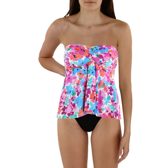Swim Solutions Women's Floral Twisted Bandeau Tankini Swim Top Pink Size 12