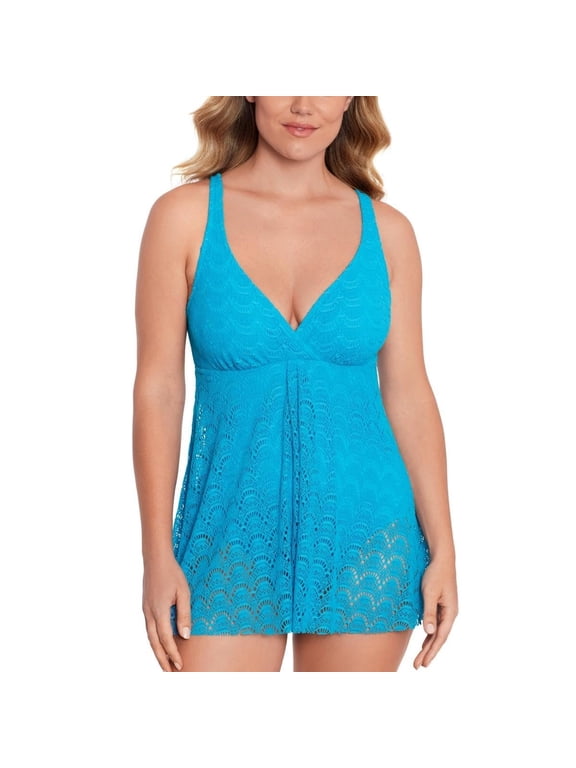 Womens Tummy-Control Flyaway Teal Scallop Crochet , 8