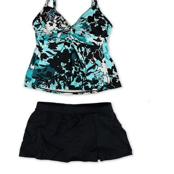 Swim Solutions Womens Knot Front Skirt 2 Piece Tankini, Blue, 8