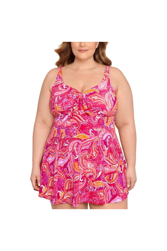 Women's Plus Size Printed Tummy-Control Bow-Front Swimdress Fuschia Pink, 18W