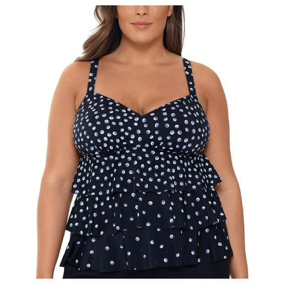 Swim Solutions Womens Plus Polka Dot Tiered Tankini Swim Top