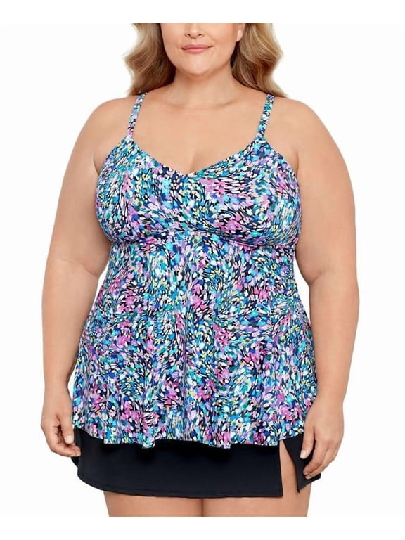 Women's Plus Printed V-Neck Underwire Tankini Top (18W, Multi)