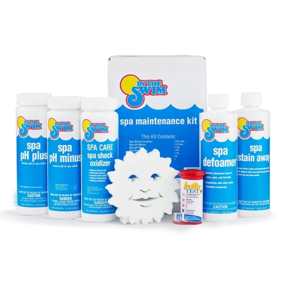 In The Swim Spa and Hot Tub Maintenance Kit - Complete with Shock Oxidizer, pH Plus and Minus, Stain Away, Defoamer, Water Test Strips, and Spa Sorb KSPAMNT01AZ