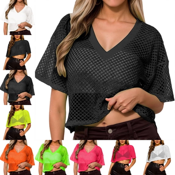 Swim Suit Coverup for Women Short Sleeves Mesh Top Boho Clothes for Women 2XL