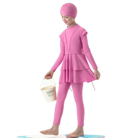 Swim Suit for Girls 3pc Swimsuit Long Sleeve Top Pants Cap Summer Beach Swimwear 2T