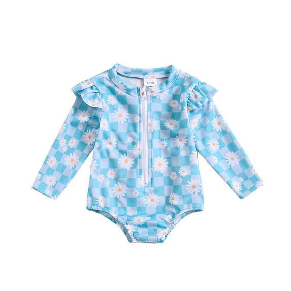 Swim Suits For Girls 14-16 Long Sleeve Floral Print Ruffle Zipper Rash Guard Infant Swimwear Toddler Bathing Suit Girl Blue,18M