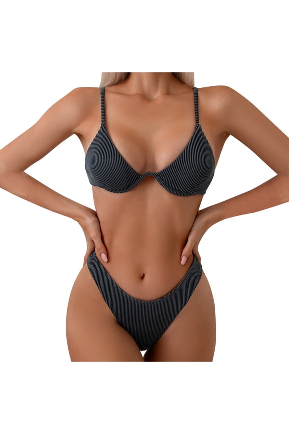 Swim Suits For Women 2024 Underwire Triangle Bikini Spaghetti Strap Push Up Two Piece Summer Holiday Beach Wear Dark Gray M