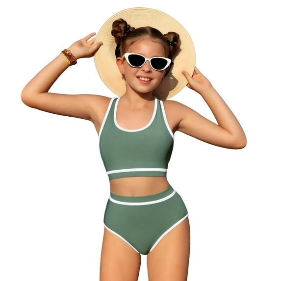 Swim Suits for Girls 7-8 Girls Swimsuit Colorful Contrast Trim Bikini Set Two Piece Bathing Suit Solid Color Girls' Swimwear 9-16T