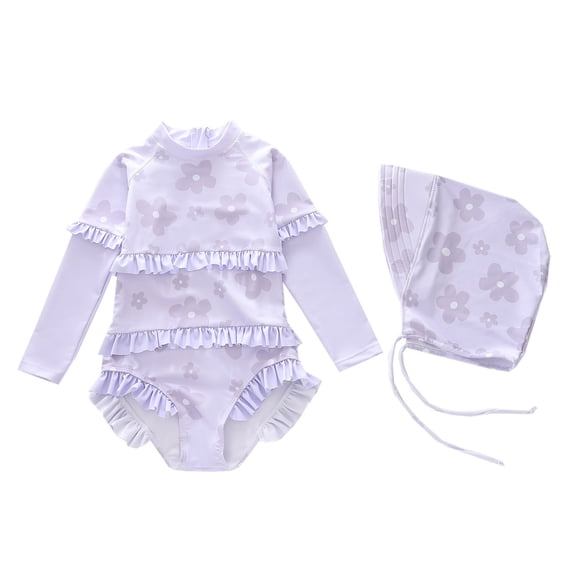 Swim Suits for Girls Long Sleeve Floral Print Ruffled Pattern Kids Swimwear