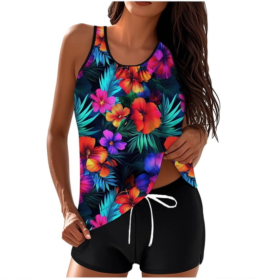 Swim Suits for Women 2 Piece Tummy Control Bathing Suit Floral Tankini Top with Drawstring Boyshort Modest Swimwear