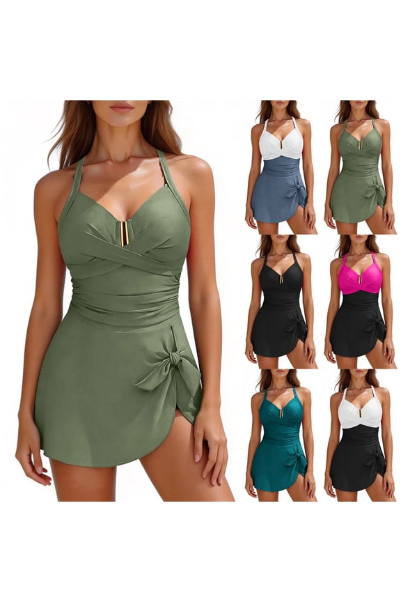 Swim Suits for Women 2026 V-Neck Tummy Tucking Tie Front Figure Flattering Slimming High Waisted One-Piece Swimsuit