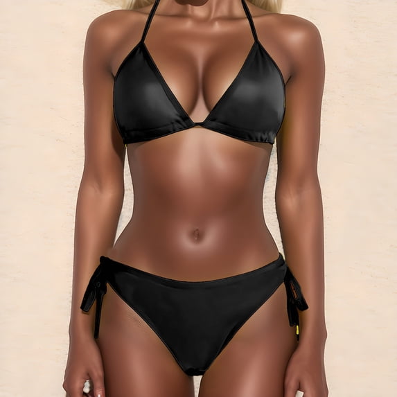 Swim Suits for Women Plus Size Solid Bikini 2 Piece Swimsuit Sets Beachwear Women Bathing Suits Black L