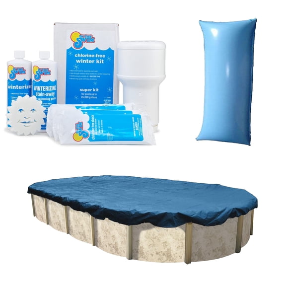 In The Swim Swimming Pool Winterization Bundle: Includes a 15'x30' Oval Economy Swimming Pool Winter Cover, 15k Gallon Pool Winter Closing Kit, and 4.5'x15' Air Pillow