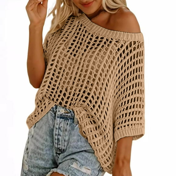 Swim Tops for Women Summer 2026 Crochet Knit Drop Shoulder Hollow Out Swimwear Cover Ups