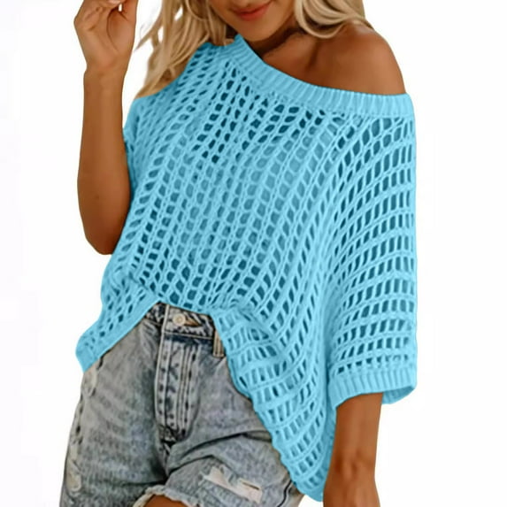 Swim Tops for Women Summer 2026 Crochet Knit Drop Shoulder Hollow Out Swimwear Cover Ups