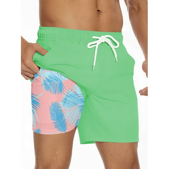 Swim Trumks for Men 2 in 1 Bathing Suit Compress Board Shorts Men's Swim Trunks with Compression Liner 5 Inch Bathing Suit Beach Swimsuits Green XL