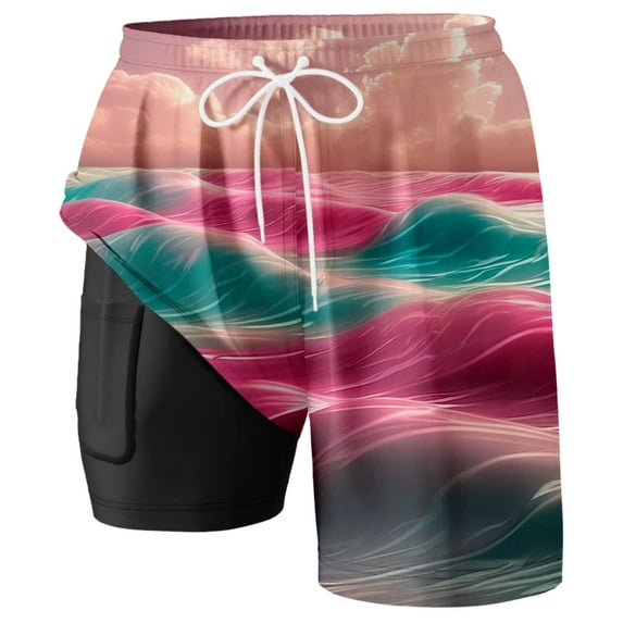 Swim Trunk For Men Wave Gradient Color Quick Dry Bathing Suit Swimming Board Shorts Mesh Lining Watermelon Red XXL