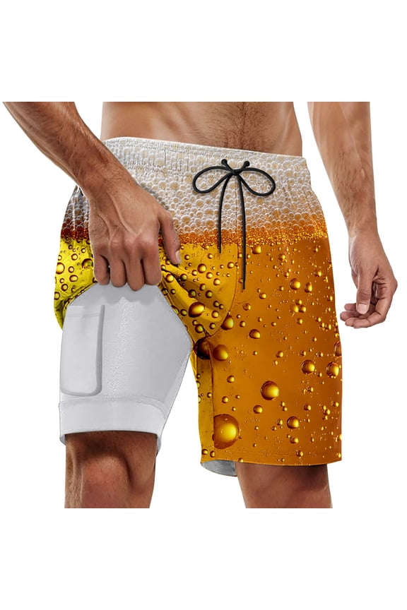 Swim Trunk For Men's Beer Bubble Pattern 2 In 1 Quick Dry With Pockets Swimwear Bathing Suits Beach Outdoor Yellow XXXXXL
