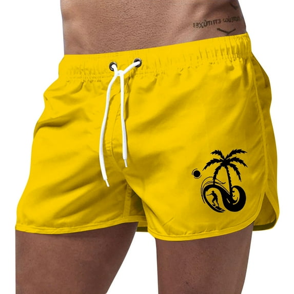 Swim Trunk For Mens Wave Coconut Tree 2 In 1 Quick Dry With Pockets Swimwear Bathing Suits Beach Outdoor Yellow XXXL