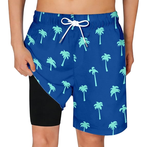 Swim Trunks for Boys Boys Coconut Leaf Print Swim Trunks with Pockets and Mesh Liner Drawstring Elastic Waist Breathable Kids Beach Shorts Dark Blue 10 Years-12 Years