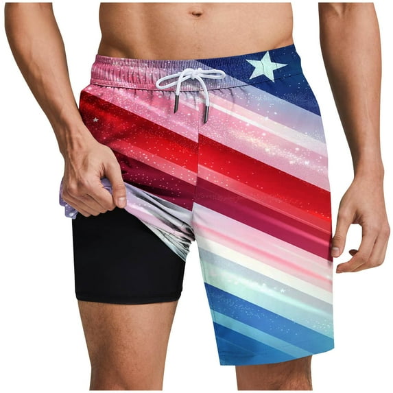 Mens Swim Trunks Quick Dry Board Shorts with Mesh Lining, Breathable Surf 2 In 1 Bathing Suits 7 Inch Hawaiian Swimwear Bathing Suits Usa 4Th of July Patriotic Beach Shorts
