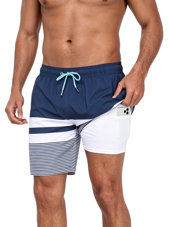 Swim Trunks for Men Beach Shorts with Compression Liner Quick Dry-White stripe M