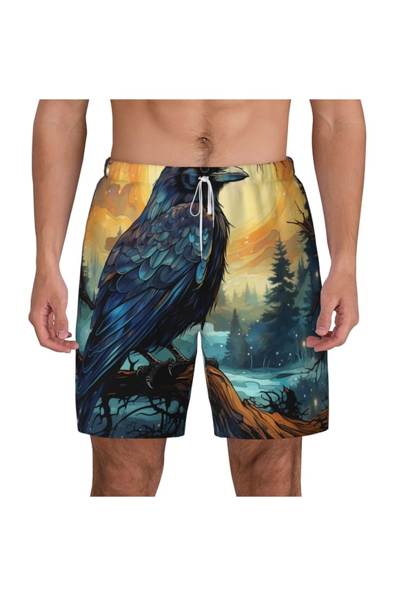 Swim Trunks with Compression Liner Swimming Shorts Bathing Suit Raven Moonlight Starry Art