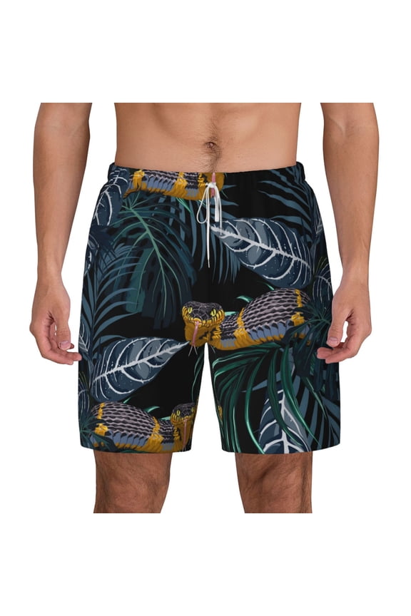 Swim Trunks with Compression Liner Swimming Shorts Bathing Suit Tropical Jungle Yellow Snake