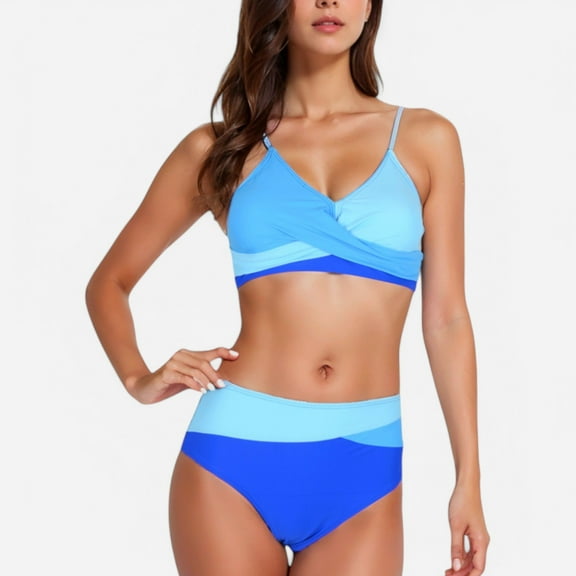 Swim Women's Colorblock Bikini Set with Crisscross Wrap Top and High Waist Bottoms - Small, Blue