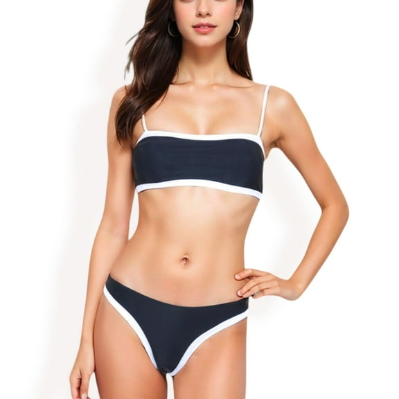 Swim Women's Contrast Trim Bikini Set with Scoop Neck Top and High-Cut Bottoms - Large, Black