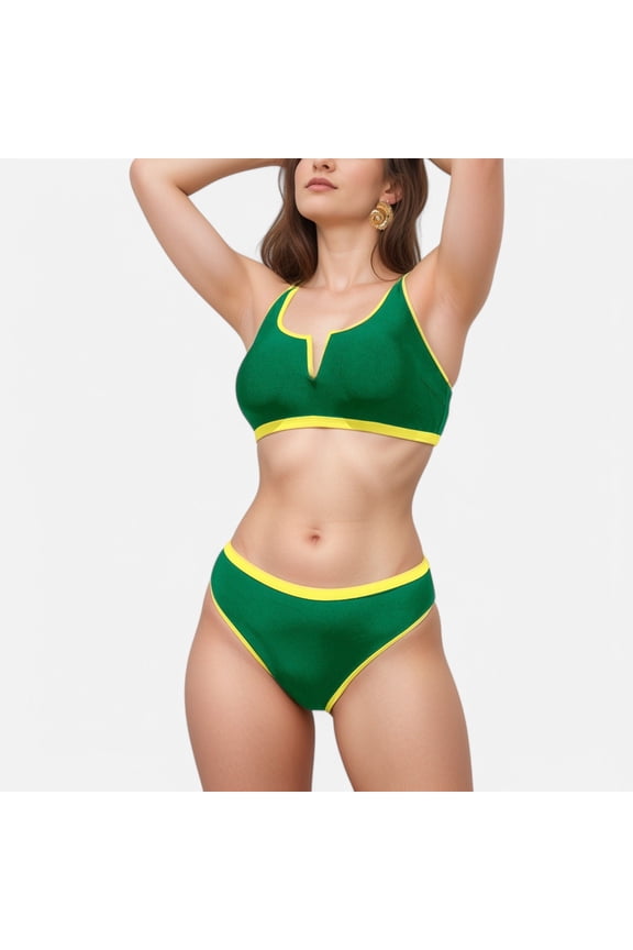 Swim Women's Contrast Trim High Waist Bikini Set with V Notch Neckline and Full Coverage Bottoms - Large, Green