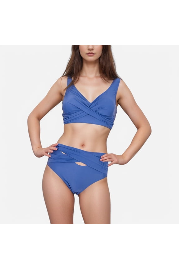 Swim Women's Crossover Bikini Set with Wide Strap Top and High Waist Twist Front Bottoms - Medium, Navy