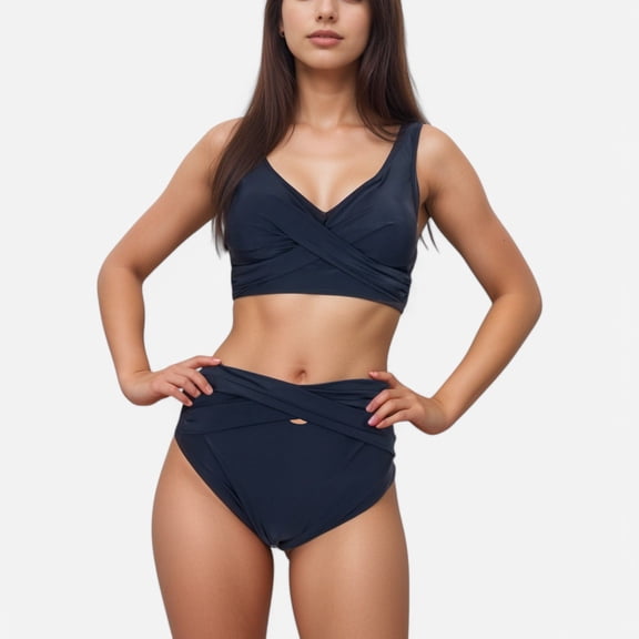 Swim Women's Crossover Bikini Set with Wide Strap Top and High Waist Twist Front Bottoms - Small, Black