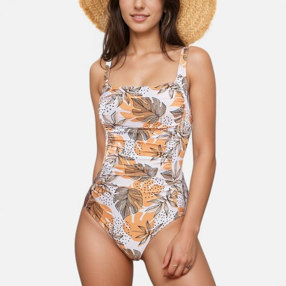 Swim Women's Floral Print One Piece Swimsuit with Ruched Bodice and Wide Adjustable Straps - X Large, Brown