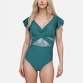 thumbnail image 1 of Swim Women's Flutter Sleeve One Piece Swimsuit with Crisscross Mesh Panel Detail and Deep V-Neckline - Large, Teal, 1 of 6