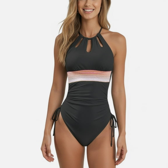 Swim Women's High Neck One Piece Swimsuit with Keyhole Front Detail and Ruched Side Drawstrings - Large, Black