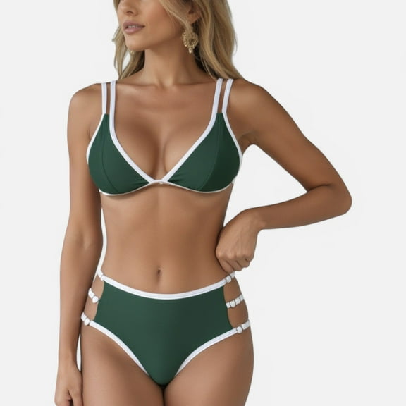 Swim Women's High Waist Bikini Set with Double Strap Triangle Top and Side Ring Strap Bottoms - Large, Green
