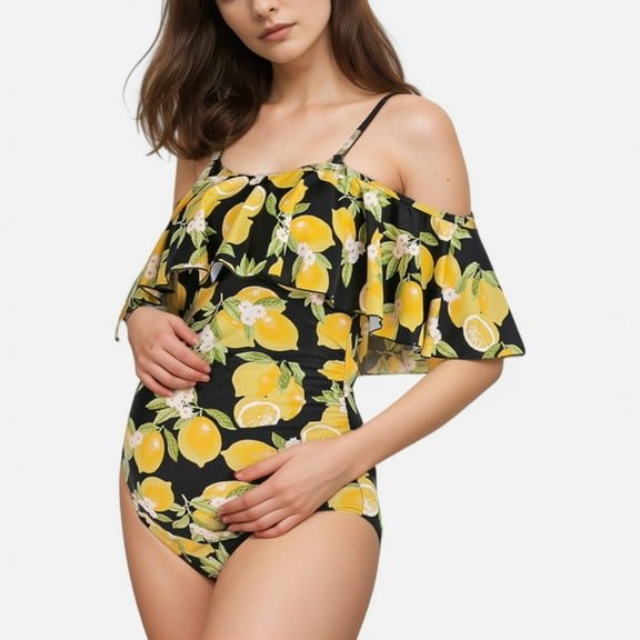 Swim Women's Lemon Print Off-Shoulder Maternity Swimsuit with Ruffle Overlay and Adjustable Spaghetti Straps - Medium, Yellow