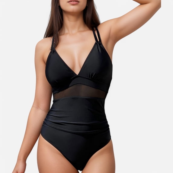 Swim Women's Mesh Panel One Piece Swimsuit with Double Spaghetti Straps and Flattering Ruched Waist - Black,Medium