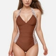 thumbnail image 1 of Swim Women's One Piece Halter Swimsuit with Geometric Side Panels and Ruched Waist Design - Brown,Medium, 1 of 7