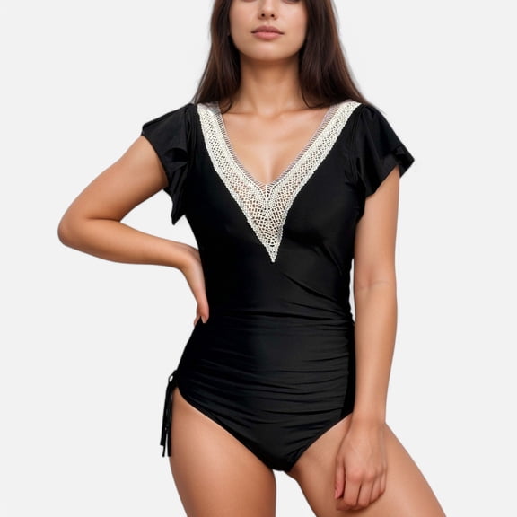 Swim Women's One Piece Swimsuit with Crochet V-Neckline and Flutter Cap Sleeves - Small, Black