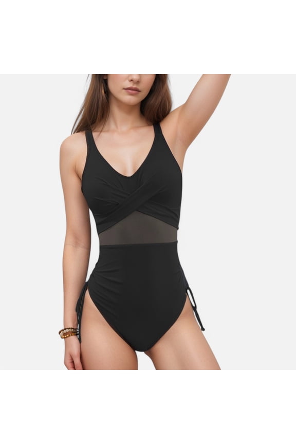 Swim Women's One Piece Swimsuit with Mesh Waistband Crossover Bodice and Adjustable Side Drawstring Ties - Black,Medium