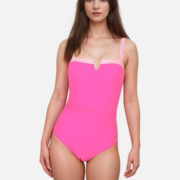 Swim Women's One Piece Swimsuit with White Trim Square Neckline and Ruched Waist Detail - Medium, Fuchsia